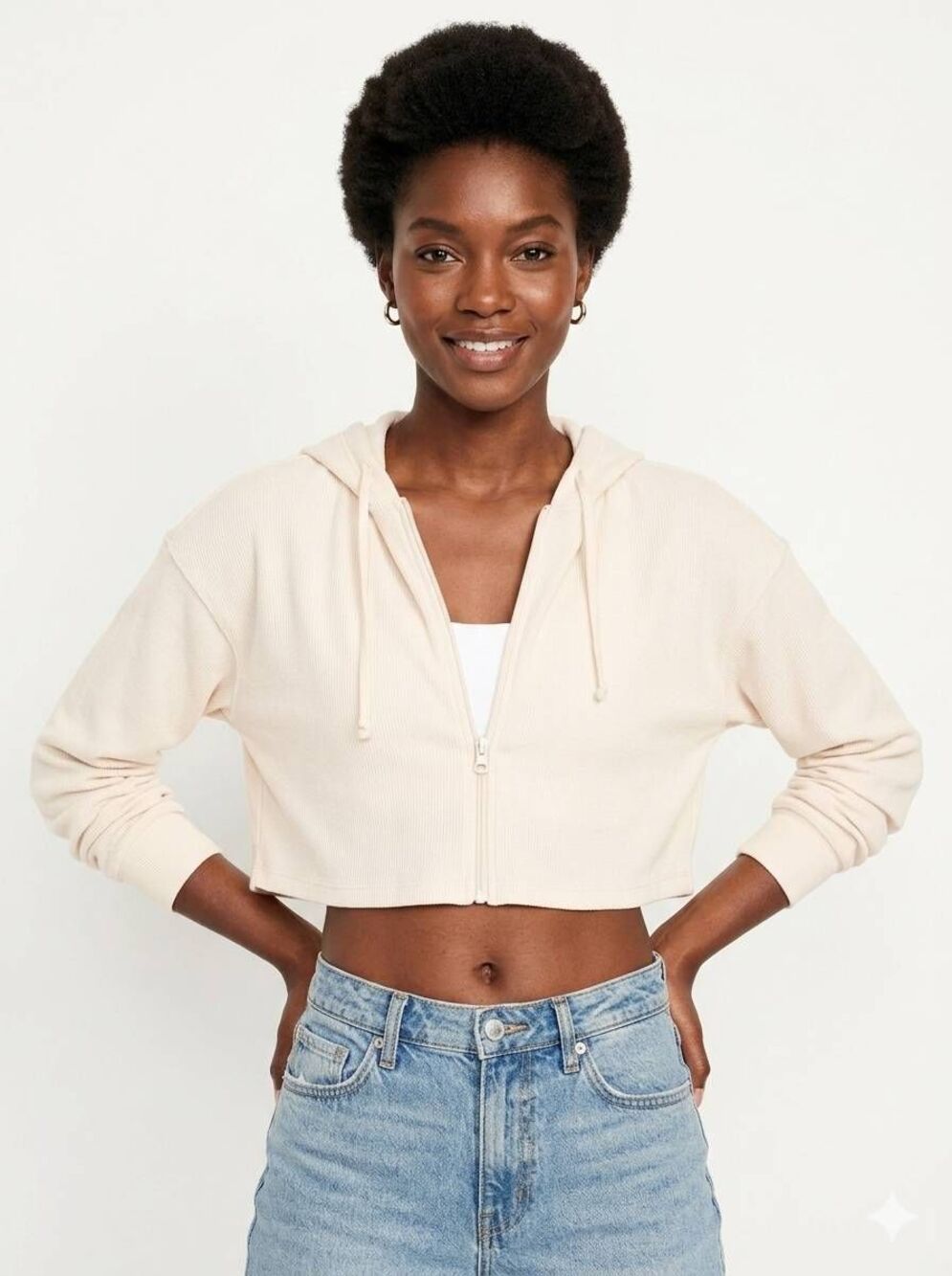 ☔️🔹️NWT Cream Ribbed Crop Zippered Hoodie Sweatshirt XLarge